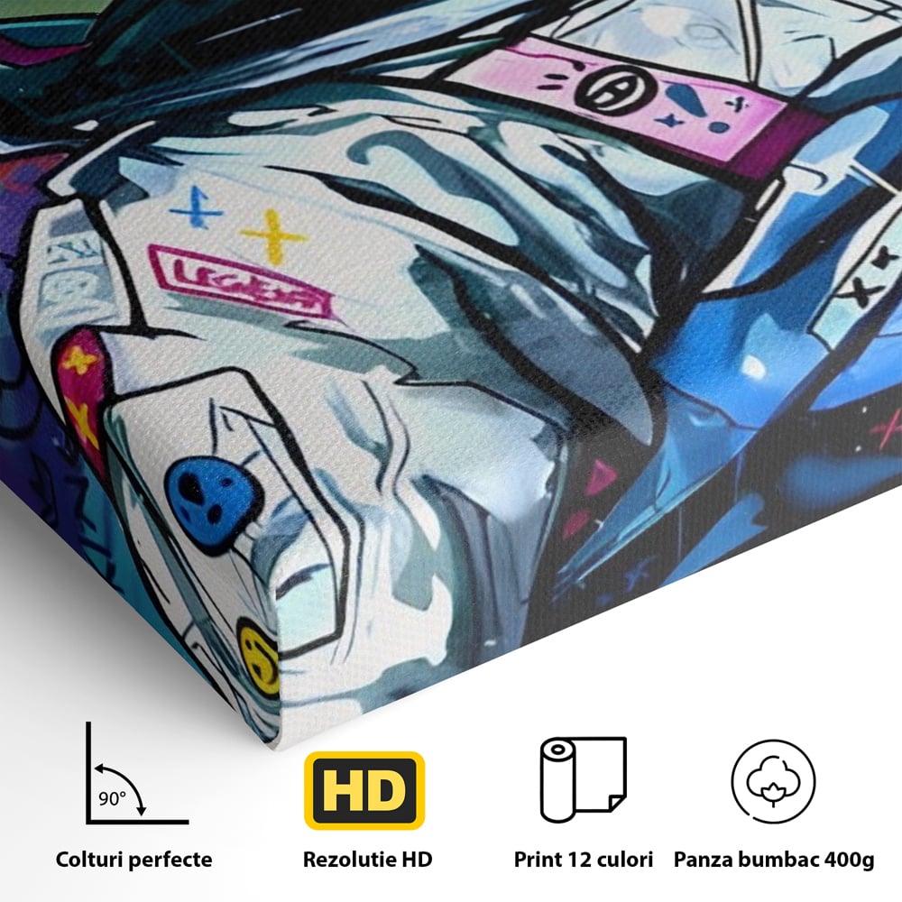 Detaliu al suprafetei: tablou canvas cu astronaut graffiti, fara rama, pe sasiu de lemn